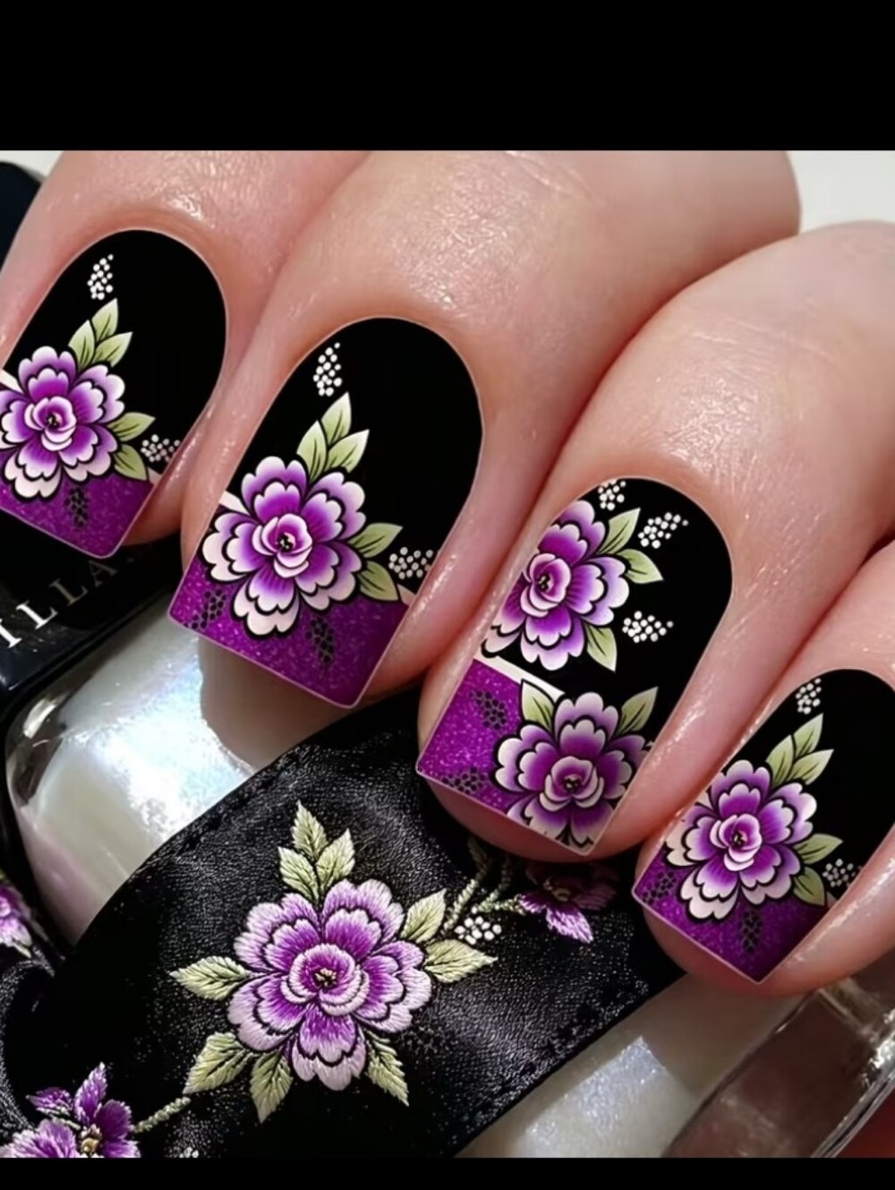 🔥3/$21 Floral Purple & Black Press On Nails